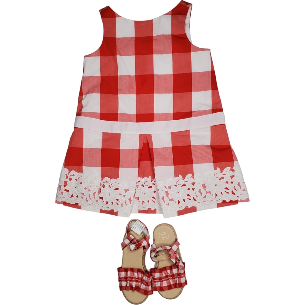 {Janie & Jack} Red and White Gingham Check Dress with Lace & Sandals